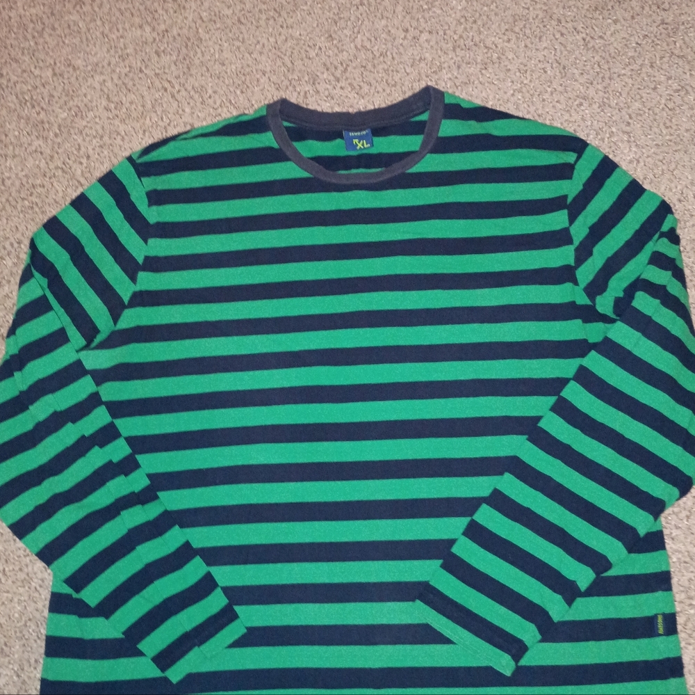 Unisex Green and Navy Blue Striped Long Sleeve Shirt